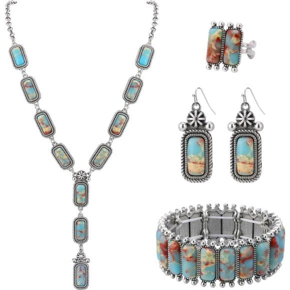 Turquoise Jewelry Set Necklace Earrings Bracelet Ring Boho Western Cowgirl Gift